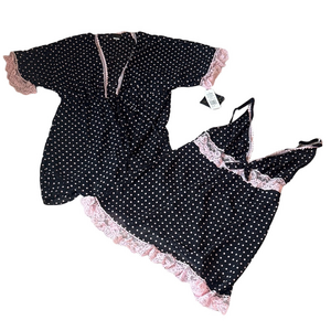Cinema Etoile Seductive Wear Polka Dot Lace Trim Kimono & Chemise Set SIZE S